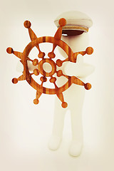 Image showing Sailor with wood steering wheel and earth. Trip around the world