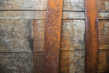 Image showing close up of old wooden barrel outdoors