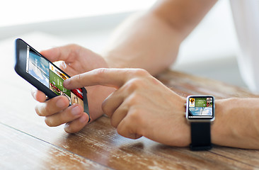 Image showing close up of hands with smart phone and watch