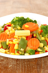 Image showing cooked carrots sweet corn and broccoli on plate