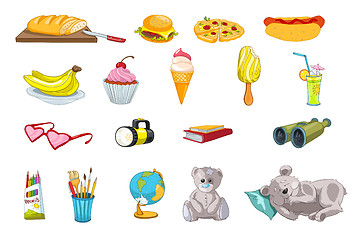 Image showing Vector set of food and kid things illustrations.