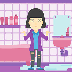 Image showing Woman in despair standing near leaking sink.