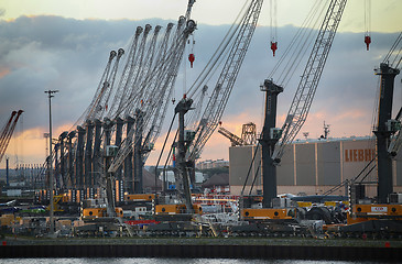 Image showing ROSTOCK, GERMANY - AUGUST 14, 2016: Container terminal and crane