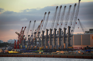 Image showing ROSTOCK, GERMANY - AUGUST 14, 2016: Container terminal and crane