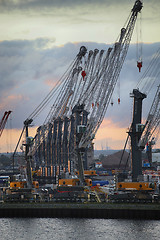 Image showing ROSTOCK, GERMANY - AUGUST 14, 2016: Container terminal and crane