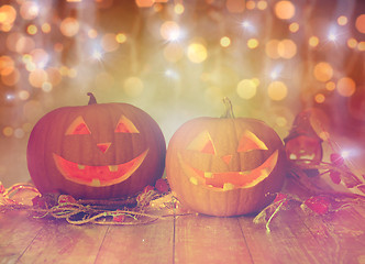 Image showing close up of carved halloween pumpkins on table