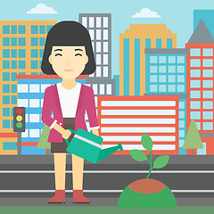 Image showing Woman watering tree vector illustration.