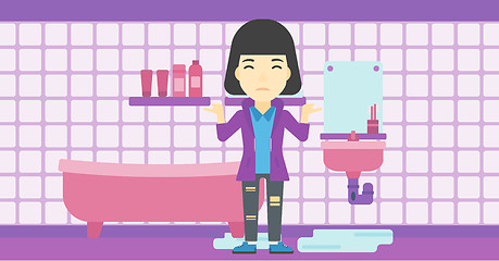 Image showing Woman in despair standing near leaking sink.