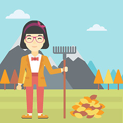 Image showing Woman raking autumn leaves vector illustration.