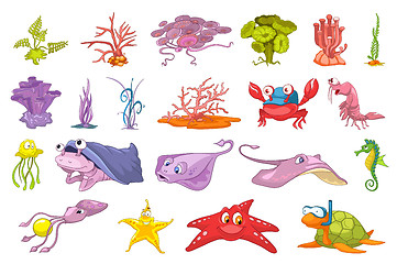 Image showing Vector set of seaweed and sea animals illustration