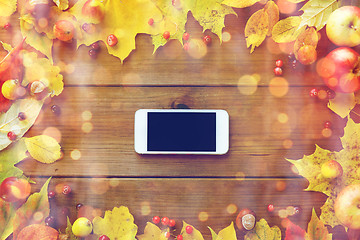 Image showing smartphone with autumn leaves, fruits and berries