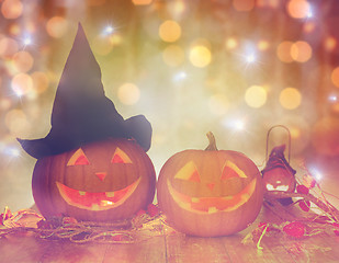 Image showing close up of carved halloween pumpkins on table