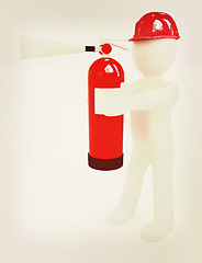 Image showing 3d man in hardhat with red fire extinguisher . 3D illustration. 