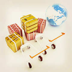 Image showing Trolley for luggage at the airport and earth. International tour