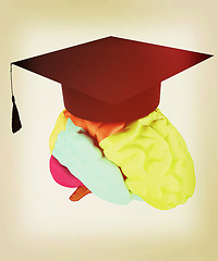 Image showing graduation hat on brain. 3D illustration. Vintage style.