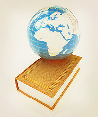 Image showing leather book and Earth. 3D illustration. Vintage style.