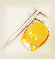 Image showing Vernier caliper and yellow hard hat 3d . 3D illustration. Vintag