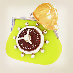 Image showing hard hat on purse safe. 3D illustration. Vintage style.