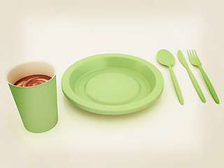 Image showing Fast-food disposable tableware. 3D illustration. Vintage style.