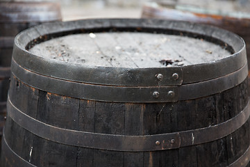 Image showing close up of old wooden barrel outdoors