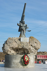 Image showing Taman, Russia - March 8, 2016: View of the monument to the Soviet paratroopers in the Tuzla Spit - Lender gun with armored BKA 73 Azov flotilla Black Sea Fleet, who died 11.02.1943 in Kerch-Eltigen Op