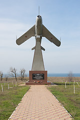 Image showing Taman, Russia - March 8, 2016: The memorial stele in the form of an airplane taking off, in honor of aviators soldiers, members of the battles for the liberation of the Taman Peninsula from Nazi invad