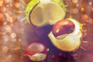 Image showing close up of chestnut on wooden table