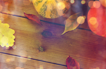 Image showing close up of pumpkins on wooden table at home