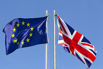 Image showing European Union flag and flag of UK on flagpole