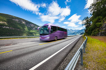 Image showing Tourist bus traveling on the road in Norway