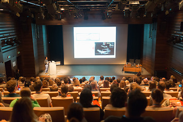 Image showing Business speaker giving a talk in conference hall.