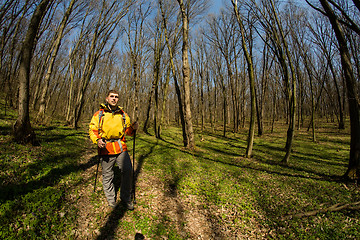 Image showing Male hiker looking to the side walking in forest