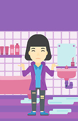 Image showing Woman in despair standing near leaking sink.