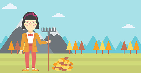 Image showing Woman raking autumn leaves vector illustration.
