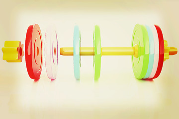 Image showing Colorful dumbbells are assembly and disassembly on a white backg