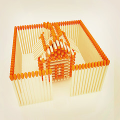 Image showing Log house from matches pattern. 3D illustration. Vintage style.