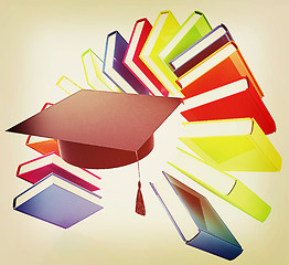 Image showing Colorful books like the rainbow and graduation hat . 3D illustra