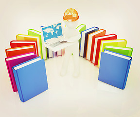 Image showing 3d man in hard hat working at his laptop and books . 3D illustra