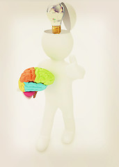 Image showing 3d people - man with half head, brain and trumb up. Idea concept