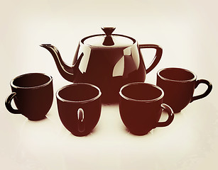 Image showing black teapot and cups. 3D illustration. Vintage style.