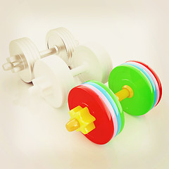 Image showing Colorfull dumbbells on a white background. 3D illustration. Vint