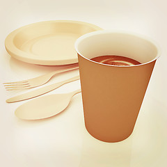 Image showing Fast-food disposable tableware. 3D illustration. Vintage style.