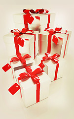 Image showing Gifts with red ribbon. 3D illustration. Vintage style.