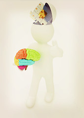 Image showing 3d people - man with half head, brain and trumb up. Idea concept