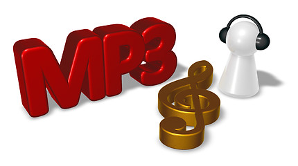 Image showing mp3 tag, clef symbol and pawn with headphones - 3d rendering