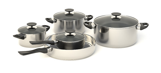 Image showing Stainless steel pots and pans