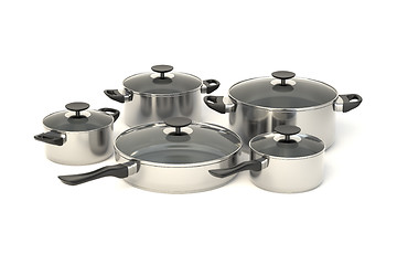 Image showing Stainless steel pots and pans