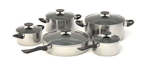 Image showing Stainless steel pots and pans