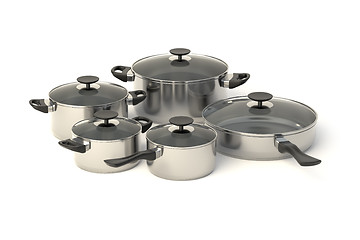 Image showing Stainless steel pots and pans