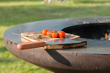 Image showing tomatoes on the grill pan  the table